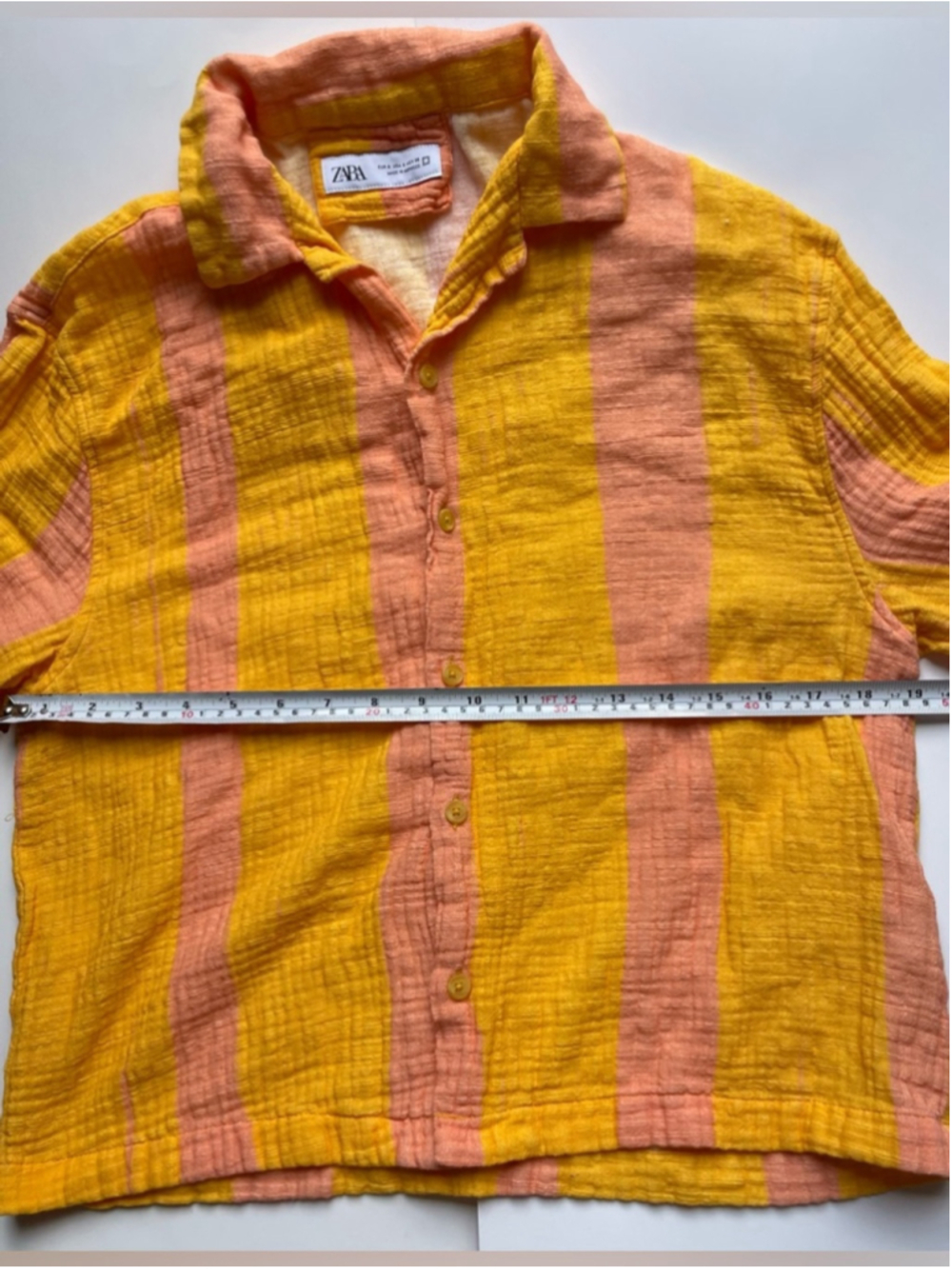 Zara Textured Cotton Stripe Shirt Yellow Peach Short Sleeve Small - Picture 5 of 6
